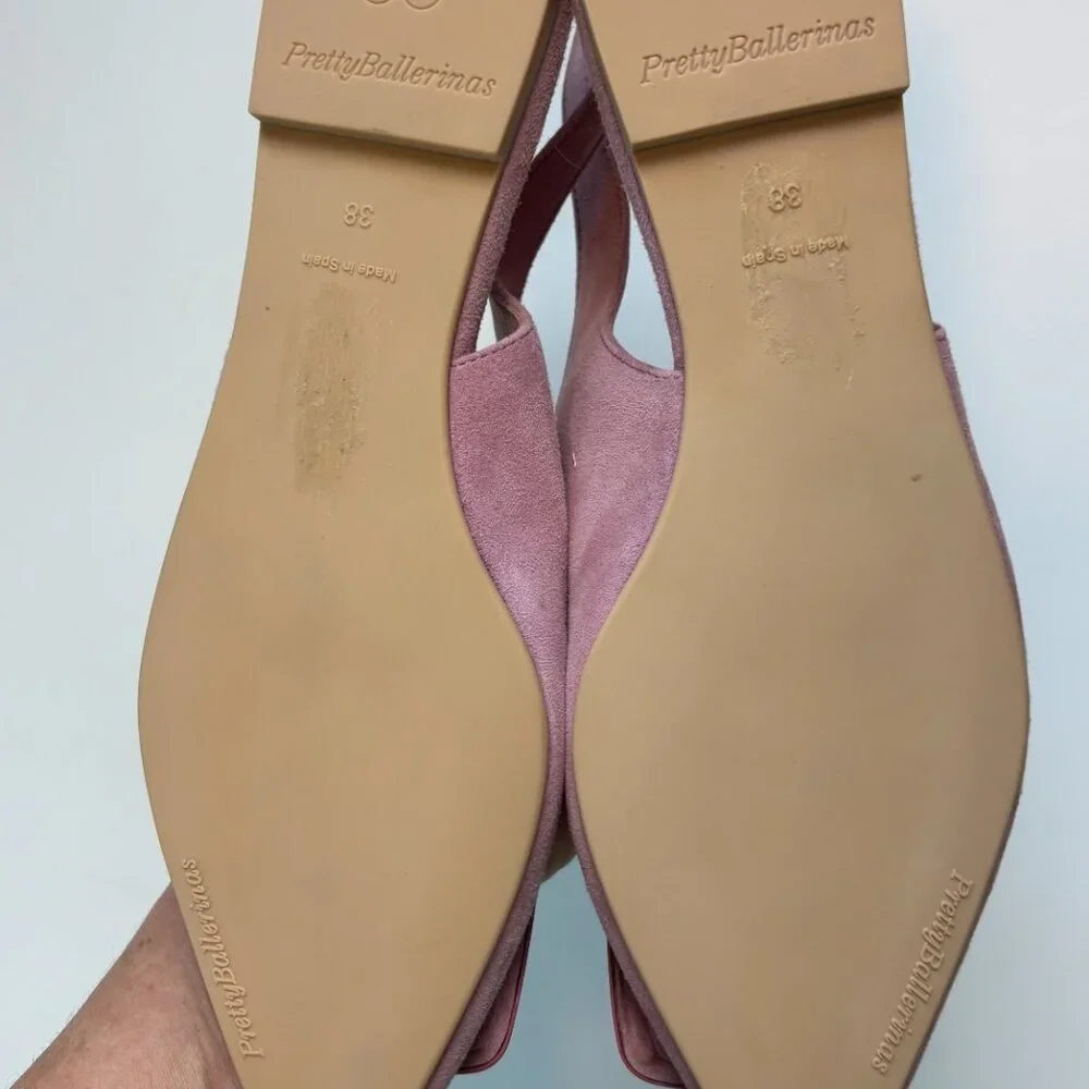 Pretty Ballerinas Suede‎ Slingback Flats 38 Pink Buckle Pointed Toe Spain
